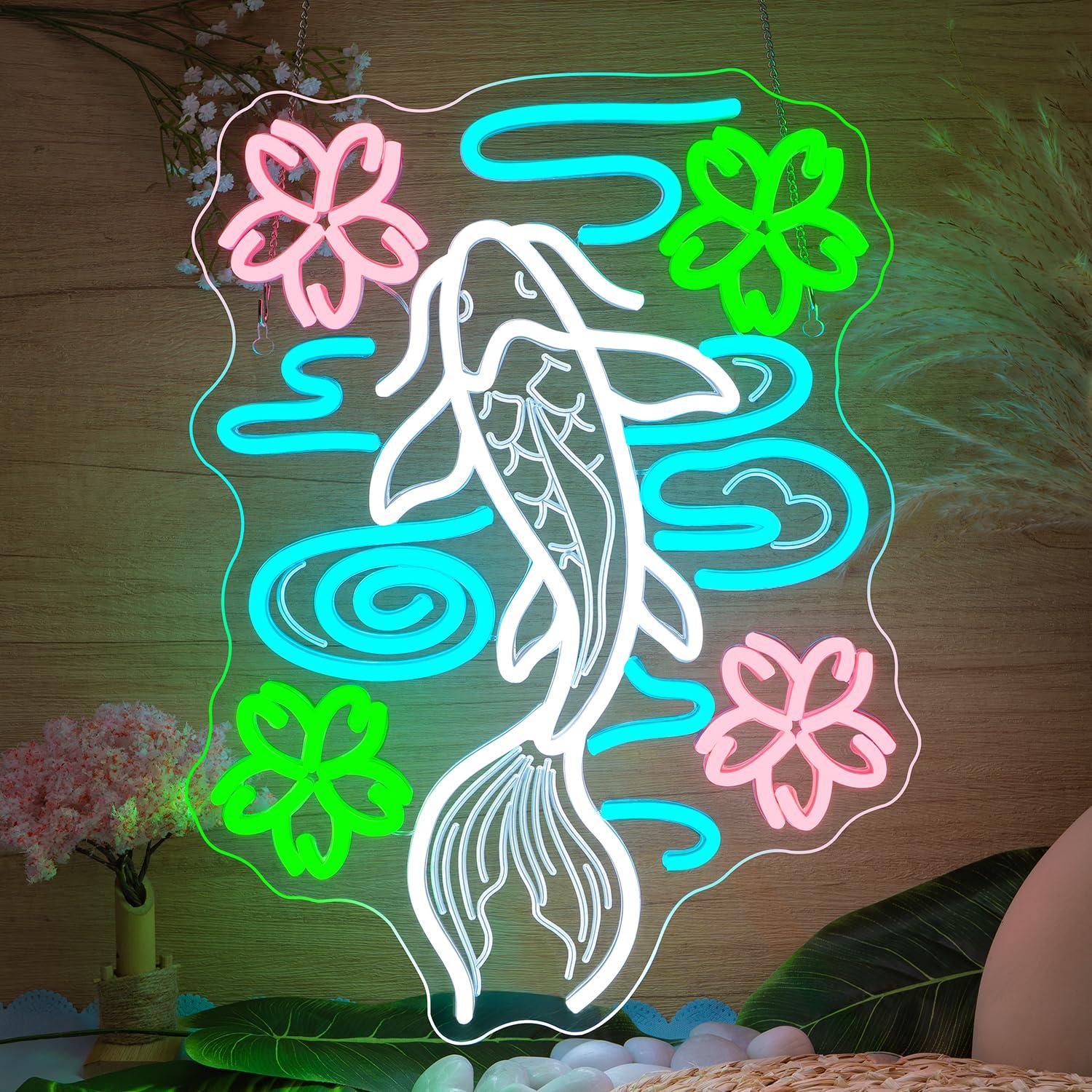 Outdoor Lighting Restaurant - Koi-Fisch-Neonschild, USB-dimmbare LED-Leuchten für japanisches Koi-Sakura-Thema,